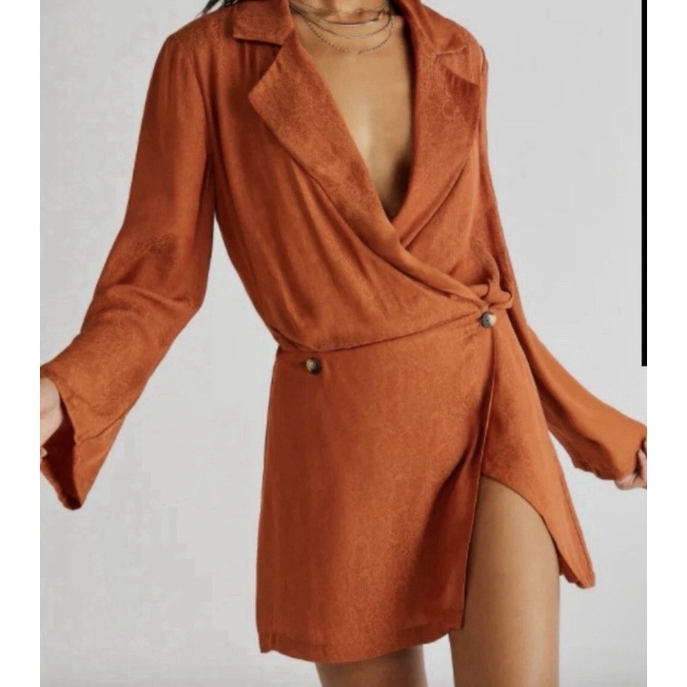 NEW Free People Simone Long Sleeve Mini Wrap Dress Rust Orange Satin Boho XS